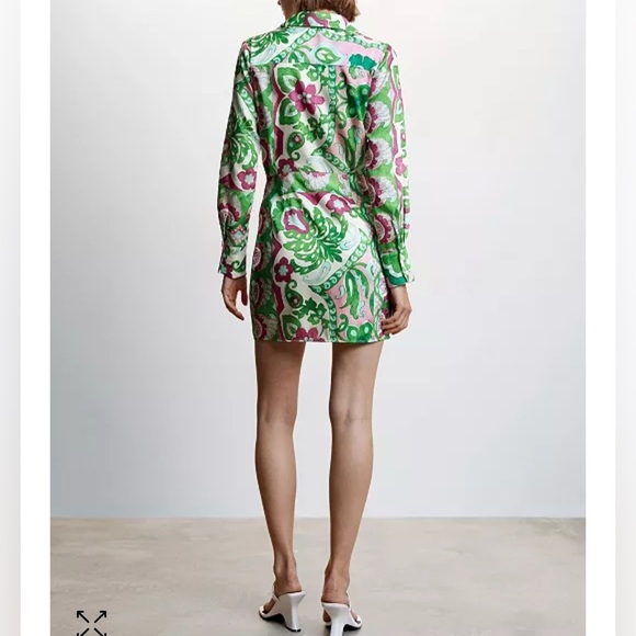 Mango Wrapped Satin Mini Dress Floral Long Sleeve Collared Green Purple Small - Picture 2 of 10